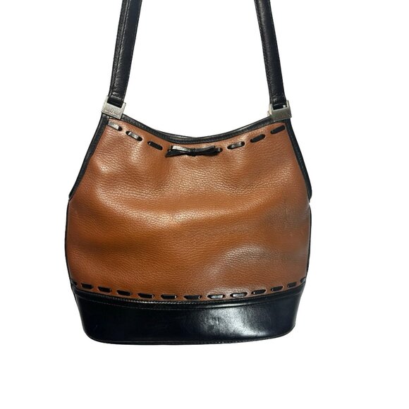 Vintage Brighton Pebble Leather Bucket Shoulder Bag Tan Black - Picture 2 of 15